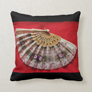 Ornate Hand Held Fan on a Red Background Throw Pillow