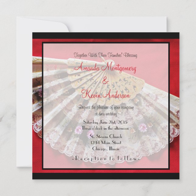Ornate Hand Held Fan on a Red Background Wedding Invitation (Back)