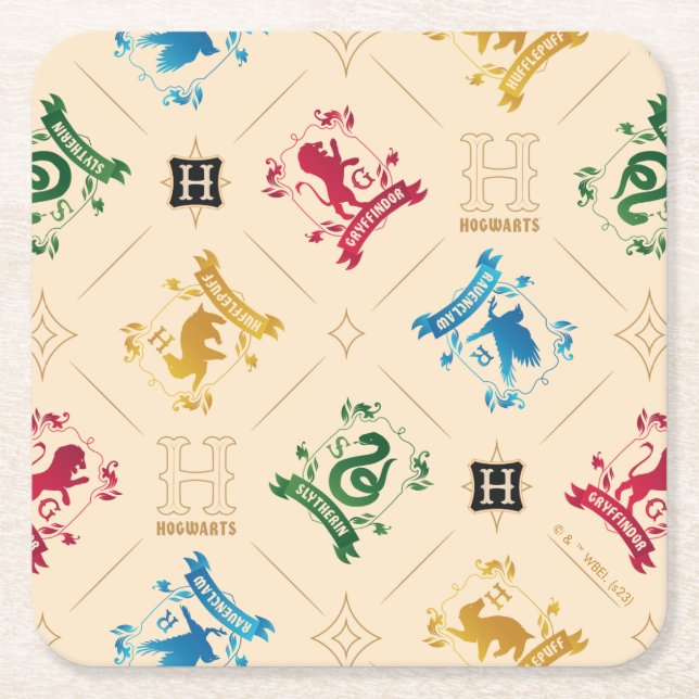 Ornate HOGWARTS™ House Crests Pattern Square Paper Coaster (Front)