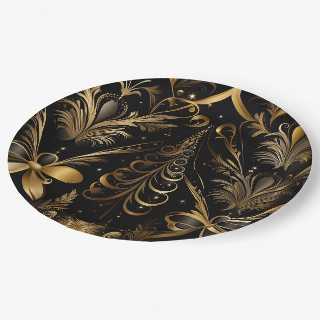 Ornate Holiday Black And Gold Paper Plate (Angled)