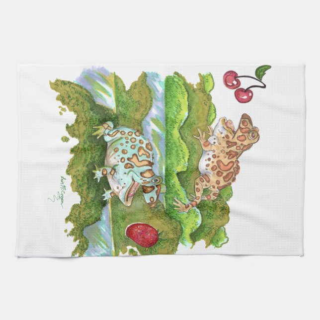 Ornate Horned Frogs Chasing Fruit Art Kitchen Towel (Horizontal)