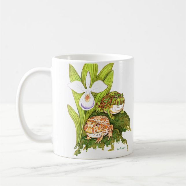 Ornate Horned Frogs Chasing Fruit Coffee Mug (Left)