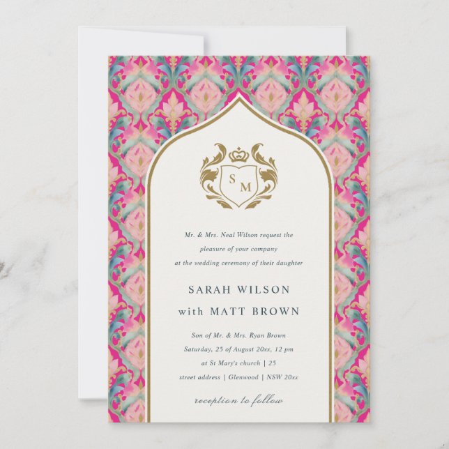 Ornate Hot Pink Gold Classy Floral Laurel Wedding Invitation (Front)