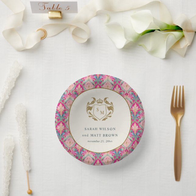 Ornate Hot Pink Gold Classy Floral Laurel Wedding Paper Plate (Wedding)