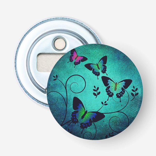 Ornate Jewel Butterflies Teal Bottle Opener (Front)