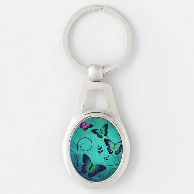 Ornate Jewel Butterflies Teal Keychain (Front)