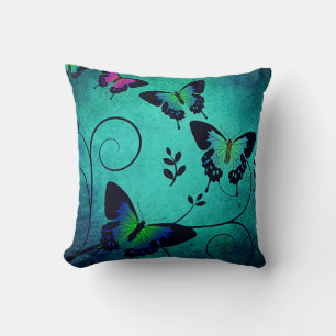 Ornate Jewel Butterflies Teal Throw Pillow