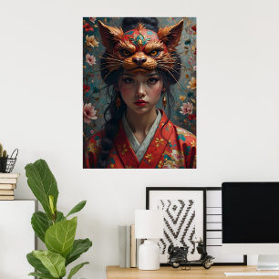 Ornate Kitsune Mask Portrait Poster