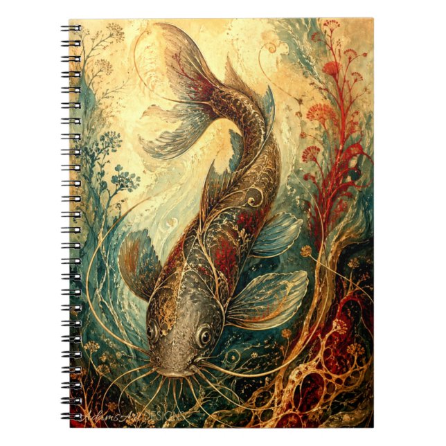 Ornate Koi Fish Vintage Botanical Art Notebook (Front)