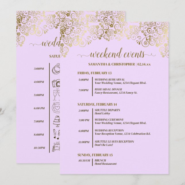 Ornate Lilac & Gold Wedding Events & Timeline Program (Front/Back)