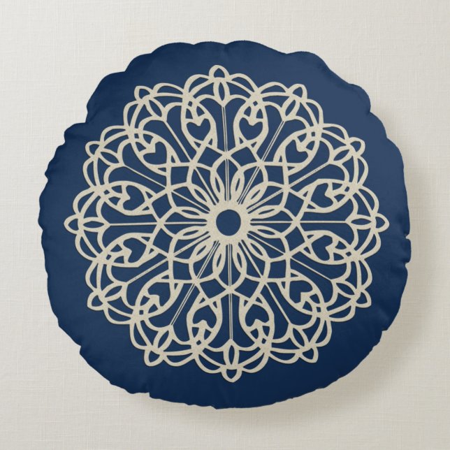 Ornate Mandala Dark Blue Round Pillow (Front)