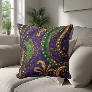 Ornate Masquerade Masks, Gold Beads, Fleur-de-Lis Throw Pillow