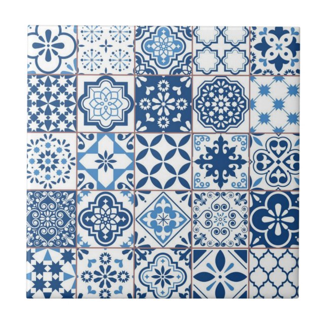 Ornate Mediterranean Indigo Blue Azulejo Mosaic Tile (Front)