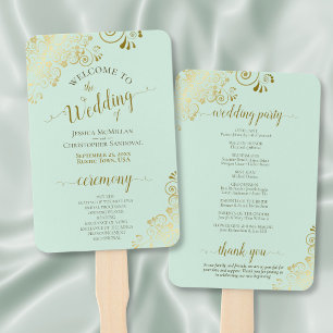 Ornate Mint Green & Gold Elegant Wedding Program Hand Fan
