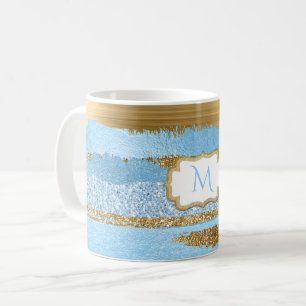 Ornate Modern Blue and Gold Monogrammed Mug