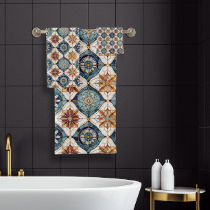 Ornate Moroccan Tile Pattern#3 Blue Gold ID1078 Bath Towel Set