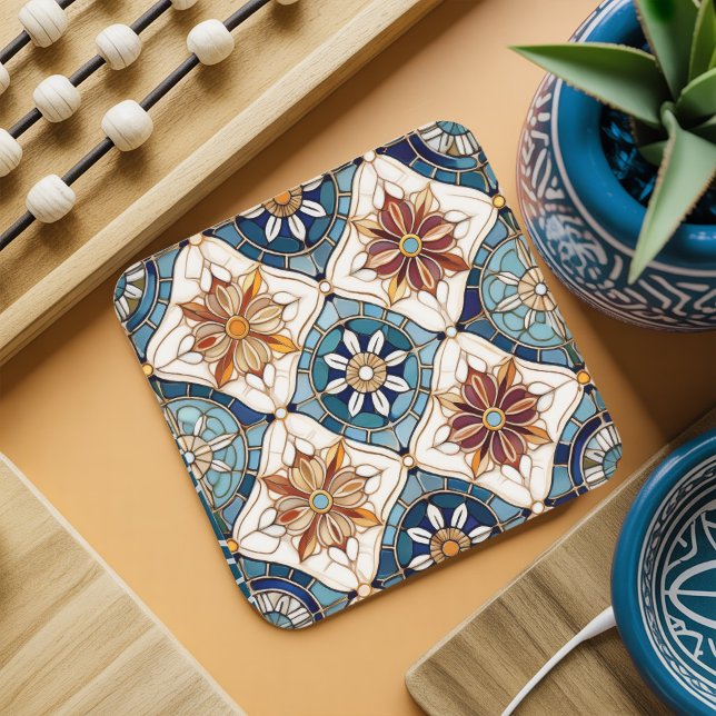 Ornate Moroccan Tile Pattern#3 Blue Gold ID1078 Square Paper Coaster (Creator Uploaded)