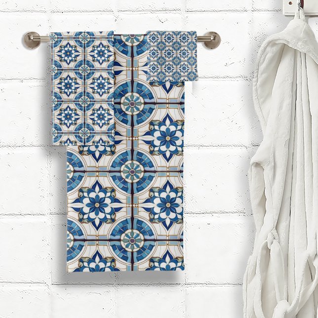 Ornate Moroccan Tile Pattern#4 Blue White ID1078 Bath Towel Set (Creator Uploaded)