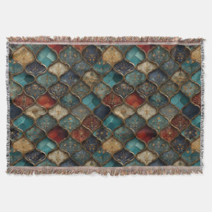 Ornate Moroccan Tiles in Jewel Tones and Gold Throw Blanket