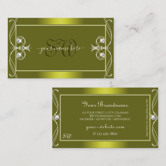 Ornate Mustard Yellow Sparkling Diamonds Monogram Business Card (Front/Back)
