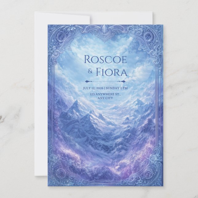 Ornate Mystic Snow Mountain Vista Wedding Invitation (Front)
