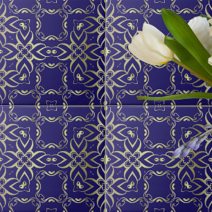 Ornate Navy Blue And Gold Baroque Royal Pattern Tile