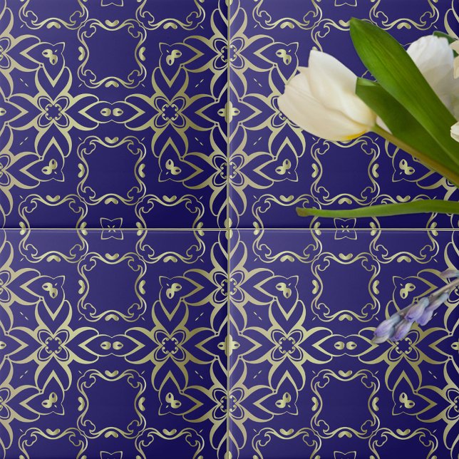 Ornate Navy Blue And Gold Baroque Royal Pattern Tile (Creator Uploaded)
