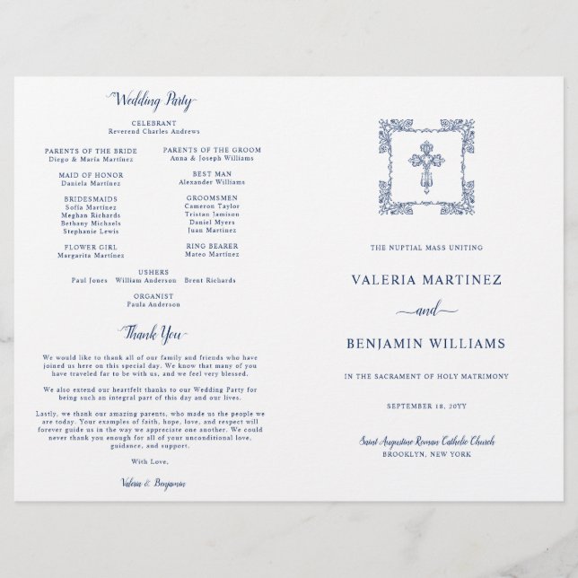 Ornate Navy Blue Catholic Wedding Mass Program (Front)