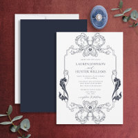 Ornate Navy Blue Floral Line Art Monogram Wedding