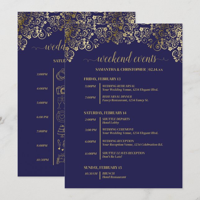 Ornate Navy Blue & Gold Wedding Events & Timeline Program (Front/Back)