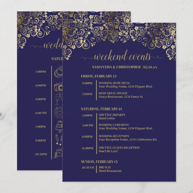 Ornate Navy Blue & Gold Wedding Events & Timeline Program (Front/Back)