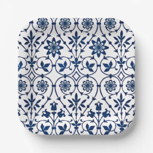 Ornate navy blue on white pattern paper plate