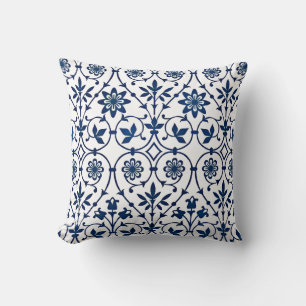 Ornate navy blue on white pattern throw pillow