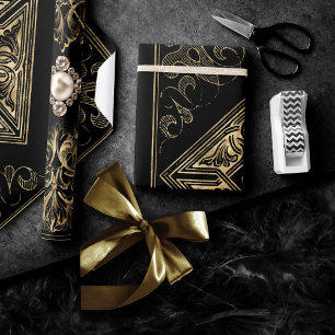 Ornate Opulence   Black and Gold Jewelled Flourish Wrapping Paper