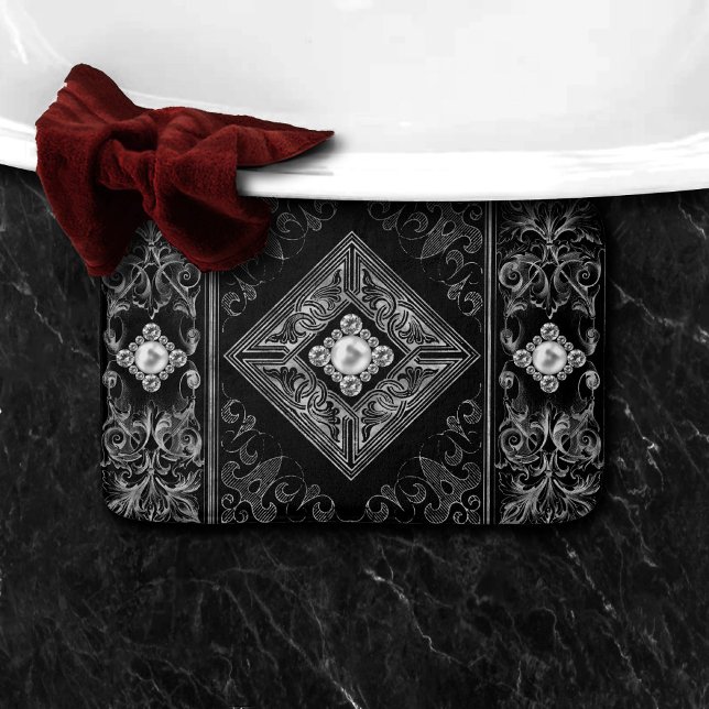 Ornate Opulence | Black and Silver Jewel Flourish Bath Mat (Creator Uploaded)