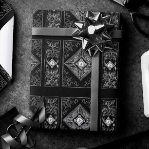 Ornate Opulence   Black and Silver Jewel Flourish Wrapping Paper