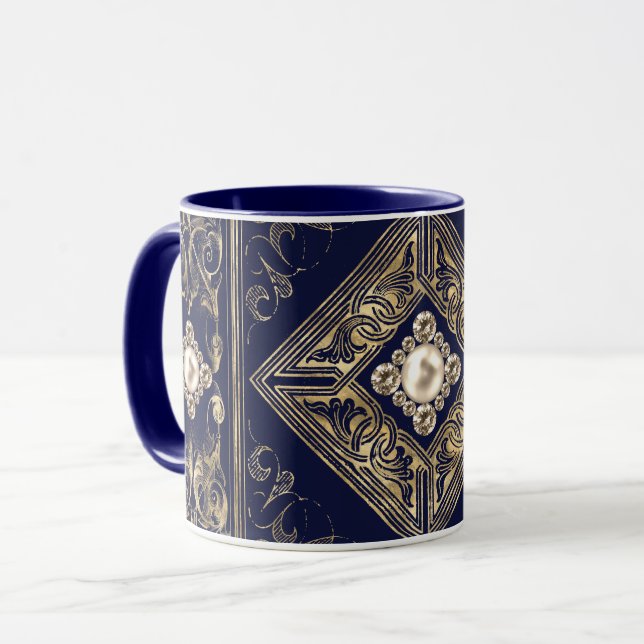 Ornate Opulence | Blue and Gold Jewelled Flourish Mug (Front Left)