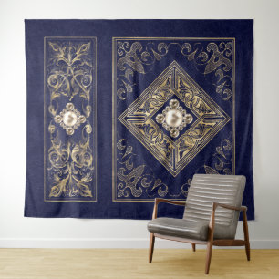 Ornate Opulence   Blue and Gold Jewelled Flourish Tapestry