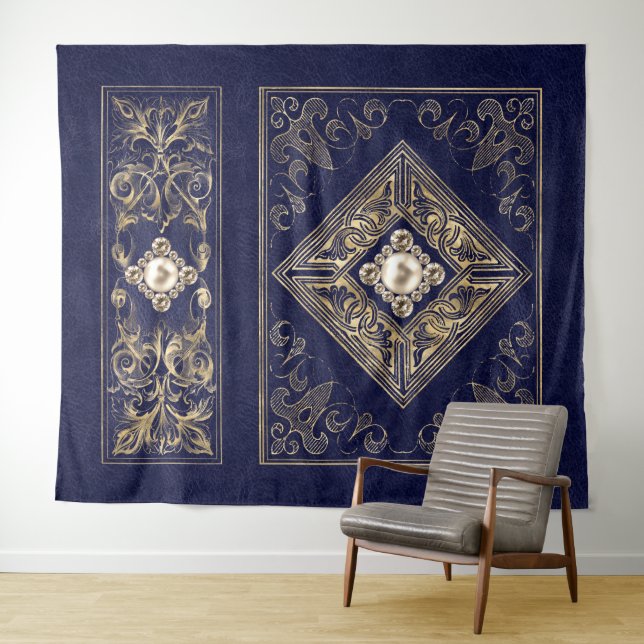 Ornate Opulence | Blue and Gold Jewelled Flourish Tapestry (In Situ (Horizontal))