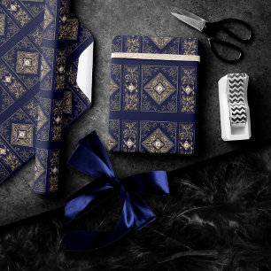 Ornate Opulence Blue and Gold Jewelled Flourish Wrapping Paper