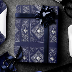 Ornate Opulence   Blue and Silver Jewelled Flouris Wrapping Paper