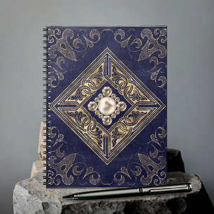 Ornate Opulence   Navy Blue and Gold Jewel Emblem Notebook