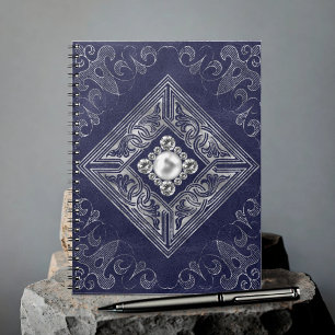 Ornate Opulence   Navy Blue Silver Jewelled Emblem Notebook
