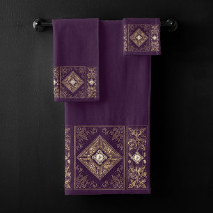 Ornate Opulence   Purple and Gold Jewelled Brooch Bath Towel Set