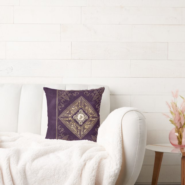 Ornate Opulence | Purple and Gold Jewelled Flouris Throw Pillow (Couch)