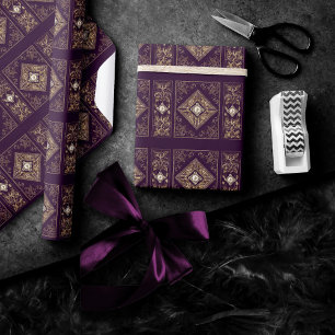 Ornate Opulence   Purple and Gold Jewelled Flouris Wrapping Paper