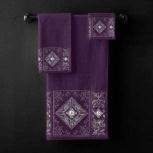 Ornate Opulence   Purple and Silver Jewelled Emble Bath Towel Set