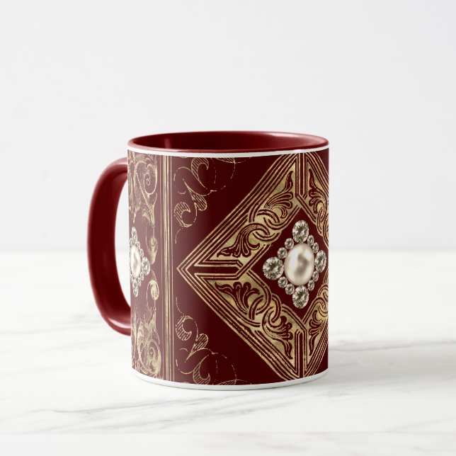 Ornate Opulence | Red and Gold Jewelled Flourish Mug (Front Left)