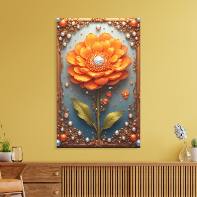 Ornate Orange Flower Artwork in Gold Frame Canvas Print (Insitu(LivingRoom))