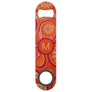 Ornate Orange Paisley Pattern Monogram Bar Key